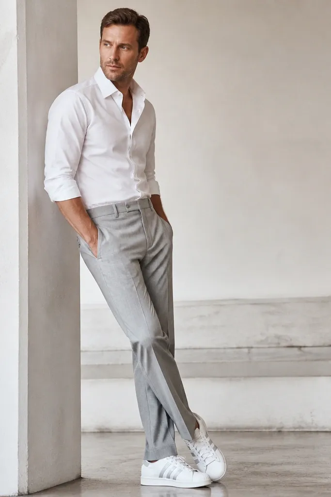 A man wearing a plain white dress shirt with rolled sleeves, light grey suit trousers with a straight leg, and no jacket. White adidas Superstars with subtle metallic stripes. The shirt is tucked and the trousers have a clean break.