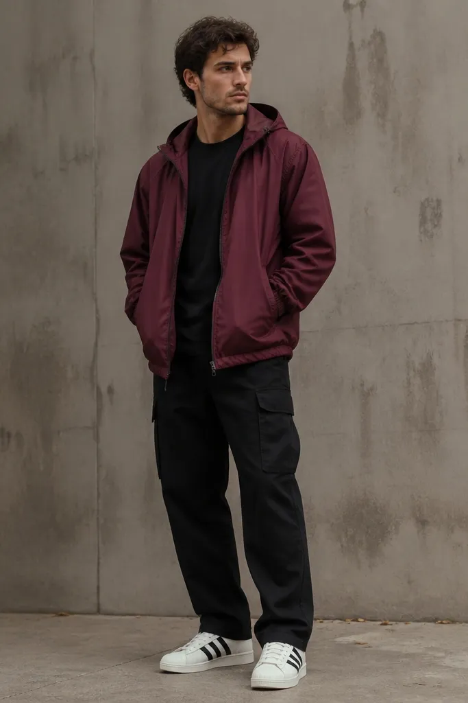 A man wearing a burgundy windbreaker with a hood, black cargo pants with side pockets, and white adidas Superstars. The windbreaker is unzipped, showing a black tee underneath. The cargo hem sits neatly around the shoe.