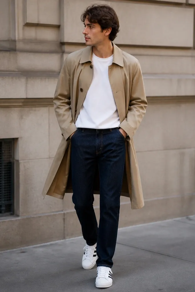 A man in a beige trench coat worn open over a white tee, dark denim jeans, and white adidas Superstar sneakers. The trench hem reaches around the knee. Minimal accessories, clean street background.