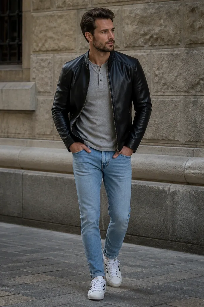 A man wearing a black leather biker jacket, grey henley shirt with three buttons, light blue tapered jeans, and white adidas Superstars. The leather jacket is zipped, sleeves fit snug at the wrist. The jeans show a small break at the shoe.