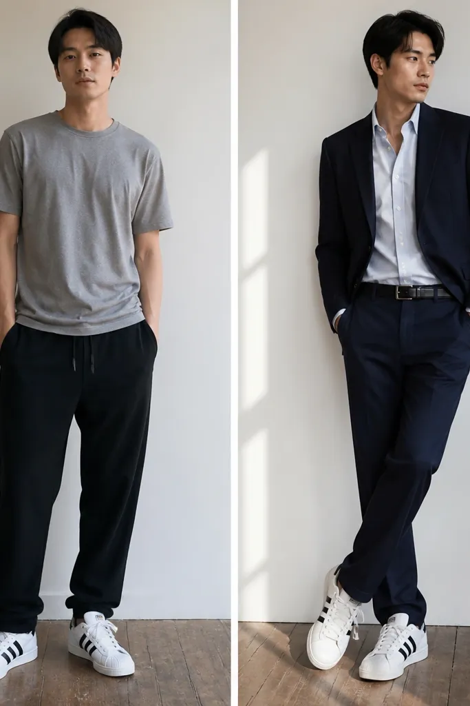 Before and after adidas superstar mens outfit transformation