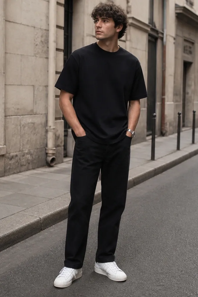 A man standing in a street photo wearing a black heavyweight crewneck tee, straight-leg black denim with a clean ankle break, and classic white shell Adidas Superstar sneakers. The three stripes are bright white, and the tee hangs slightly off the waistband. A simple silver watch sits on the wrist.