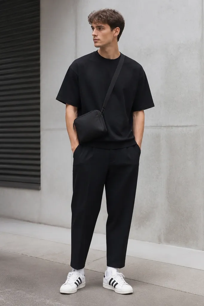 A full-body shot of a man in a black boxy crewneck tee, relaxed black trousers with a slight taper at the ankle, and white crew socks visible above the Superstar. The sneakers show the white shell toe and three stripes. The outfit looks minimal, with a matte black crossbody bag.
