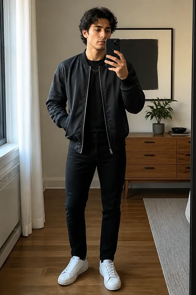 A mirror selfie showing a black bomber with ribbed cuffs, a fitted black crewneck tee, tapered black jeans, and white shell Superstar sneakers. The bomber zipper is centered and the ribbing catches light slightly. A thin chain necklace is visible at the neckline.