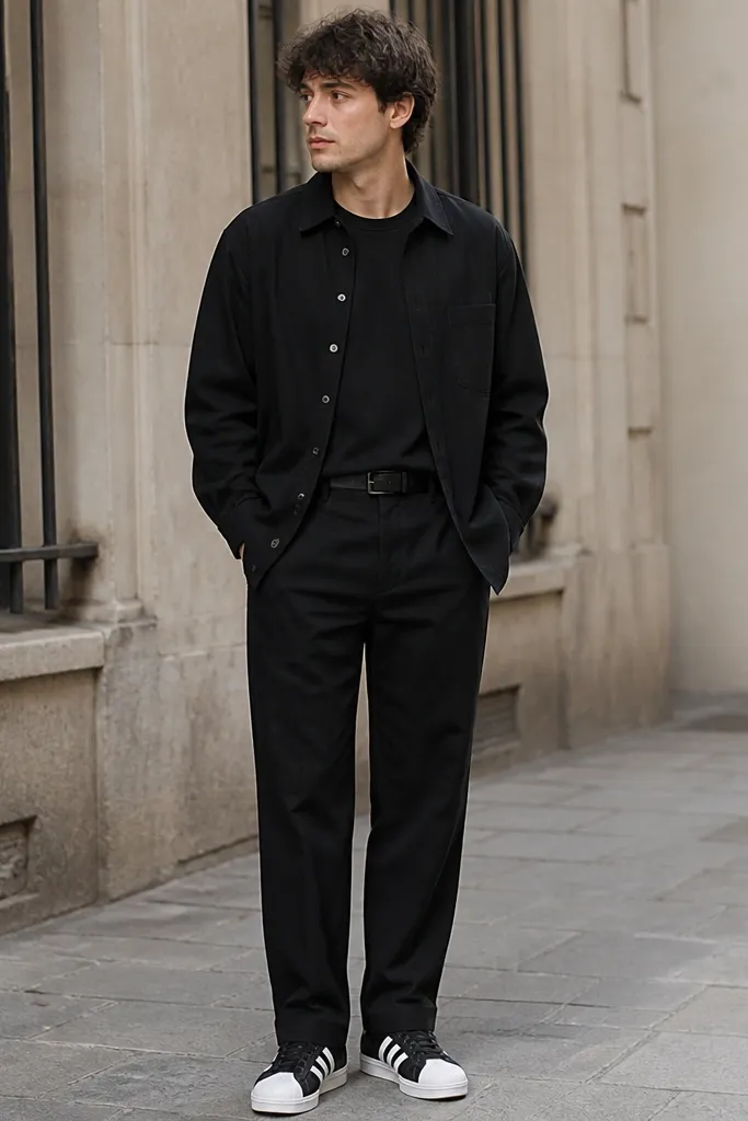 A street-style photo of a man wearing a black overshirt with a button front, black tapered pants, and black-and-white Superstar sneakers. The overshirt is worn slightly open, showing a black tee underneath. The belt is thin and matte, and the pants fall straight to the shoe.