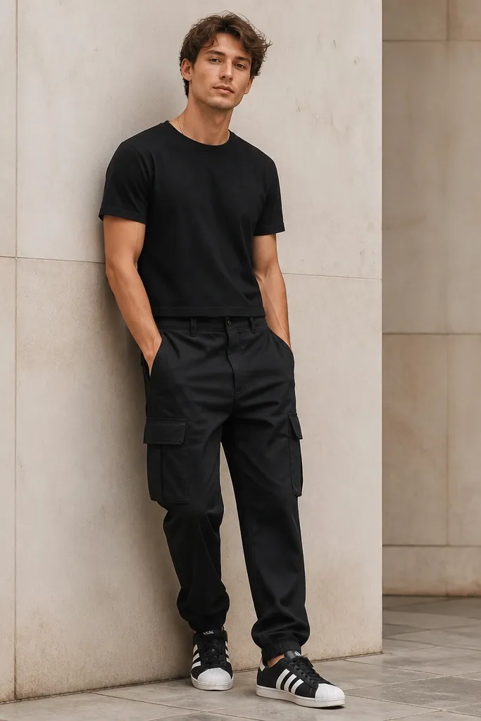A fashion-forward outfit photo: a man wears a black tee that ends around the upper waist, black cargo pants with side pockets, and black Superstar sneakers with white shell toe. The tee sits slightly cropped and the pants have a relaxed taper at the ankle.