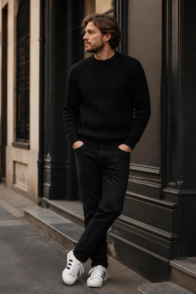 A cozy street shot of a man in a black ribbed knit sweater with visible vertical texture, straight black jeans, and white shell Superstar sneakers. The sweater cuffs sit at the wrist and the hem lands near the hip. Light catches the knit texture slightly.