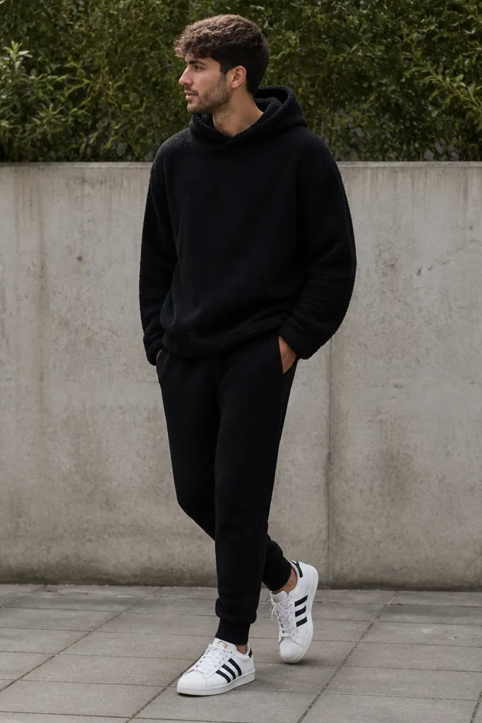 A casual outdoor photo: a man wears a black heavy fleece hoodie with a structured hood, black tapered sweatpants, and classic white shell Superstar sneakers. The hoodie hem covers the waistband slightly. The sweatpants have a clean cuff at the ankle.