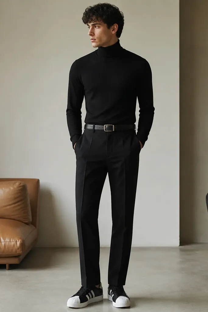 A sleek outfit shot: a man wears a black turtleneck sweater, black straight trousers with a crisp front crease, and black Superstar sneakers with white shell. A glossy belt catches light, and the turtleneck fits close at the neck.