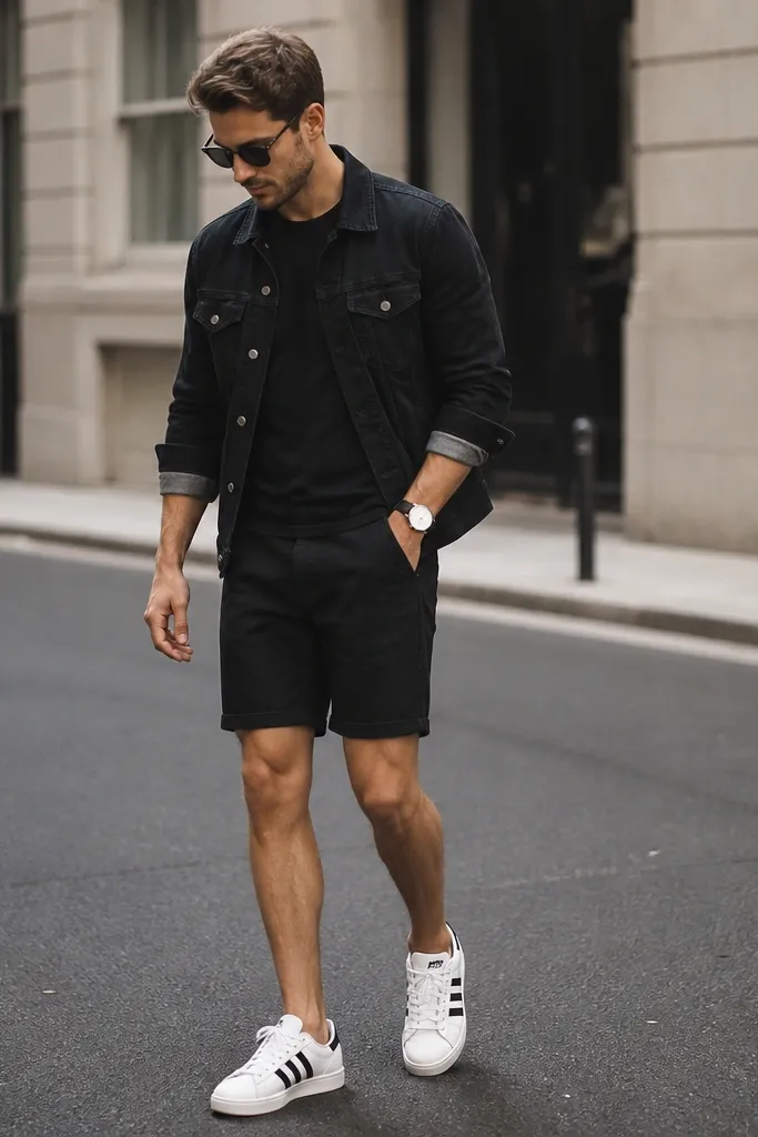 A summer street photo: a man wears a black denim jacket over a black tee, black chino shorts that hit mid-thigh, and white shell Superstar sneakers. The denim jacket sleeves are slightly rolled. A simple white watch face pops against the black.