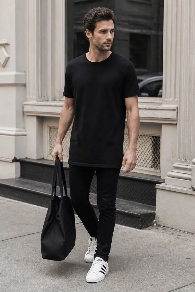 A city sidewalk shot: a man wears a black longline tee that reaches mid-hip, slim black jeans, and white shell Superstar sneakers. He carries an oversized black tote bag that hangs near his knees. The tee hem is straight and clean.