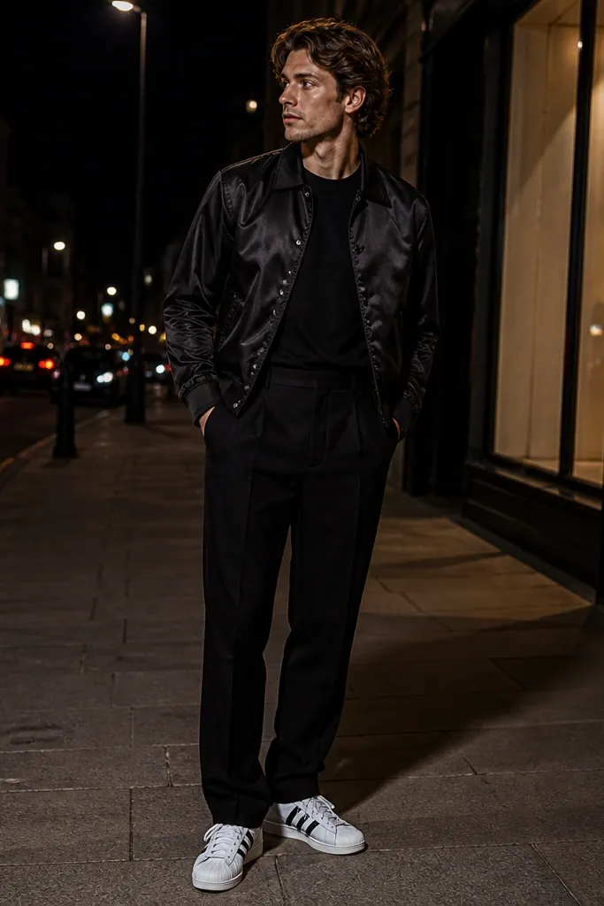 A night-time street photo: a man wears a black satin coach jacket with a slight shine, a black tee underneath, and black pleated trousers with a clean crease. White shell Superstar sneakers stand out under streetlights. The jacket collar is down and the sleeves fit neatly.