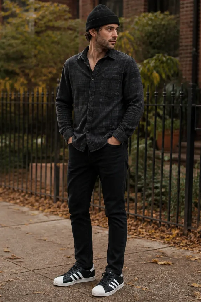 A fall outfit photo: a man wears a washed black flannel button-up with a slightly open collar, black tapered jeans, and a black beanie. The Superstar sneakers have a white shell and white stripes. The flannel looks broken-in with lighter fading on the fabric.