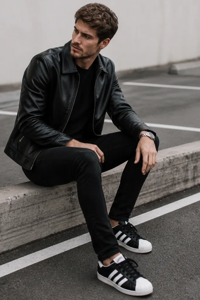 A bold look in a parking lot: a man wears a black leather jacket with a slightly cropped fit, black skinny jeans, and a black tee. He has a silver watch with a metal bracelet. The Superstar sneakers show the white shell toe and bright white stripes.