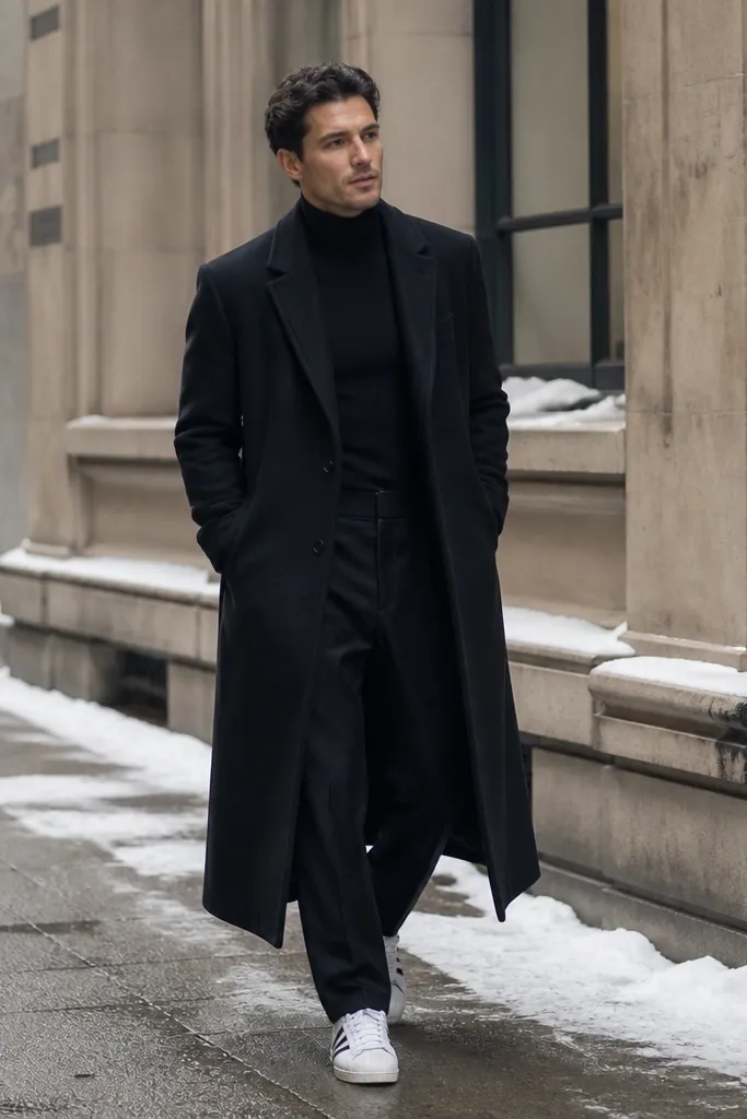 A winter street shot: a man wears a long black wool overcoat that reaches mid-calf, a fitted black turtleneck, black trousers, and white shell Superstar sneakers. The coat has a structured collar and clean lapels. The outfit looks sleek with minimal accessories.