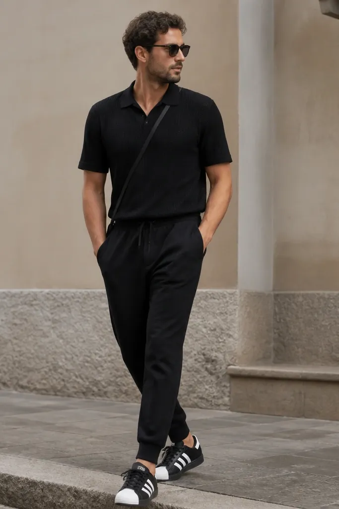 A casual-cool photo: a man wears a black knit polo with a short collar, black tapered joggers, and Superstar sneakers with a white toe shell. The collar sits flat and the fabric looks textured. A small crossbody strap runs across the chest.