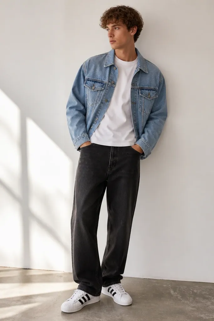 A model wears baggy washed black jeans with a visible relaxed thigh and a straight leg. The top is a plain white short-sleeve tee. Over it is a light-blue denim jacket with metal buttons. The shoes are classic white adidas Superstar sneakers with black stripes and a black heel tab.
