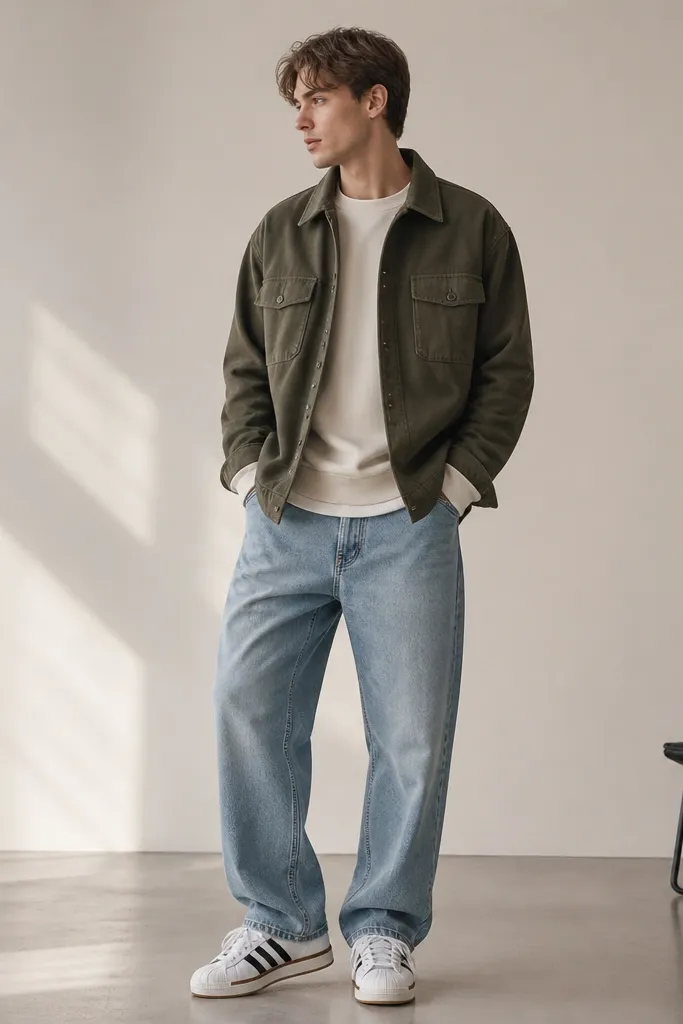 A model shows mid-wash baggy jeans with a relaxed thigh. The shirt is a cream sweatshirt with ribbed cuffs. Over it is an olive canvas overshirt with a collar and flap pockets. The sneakers are white adidas Superstars with a black toe stripe and gum-like detail near the sole.