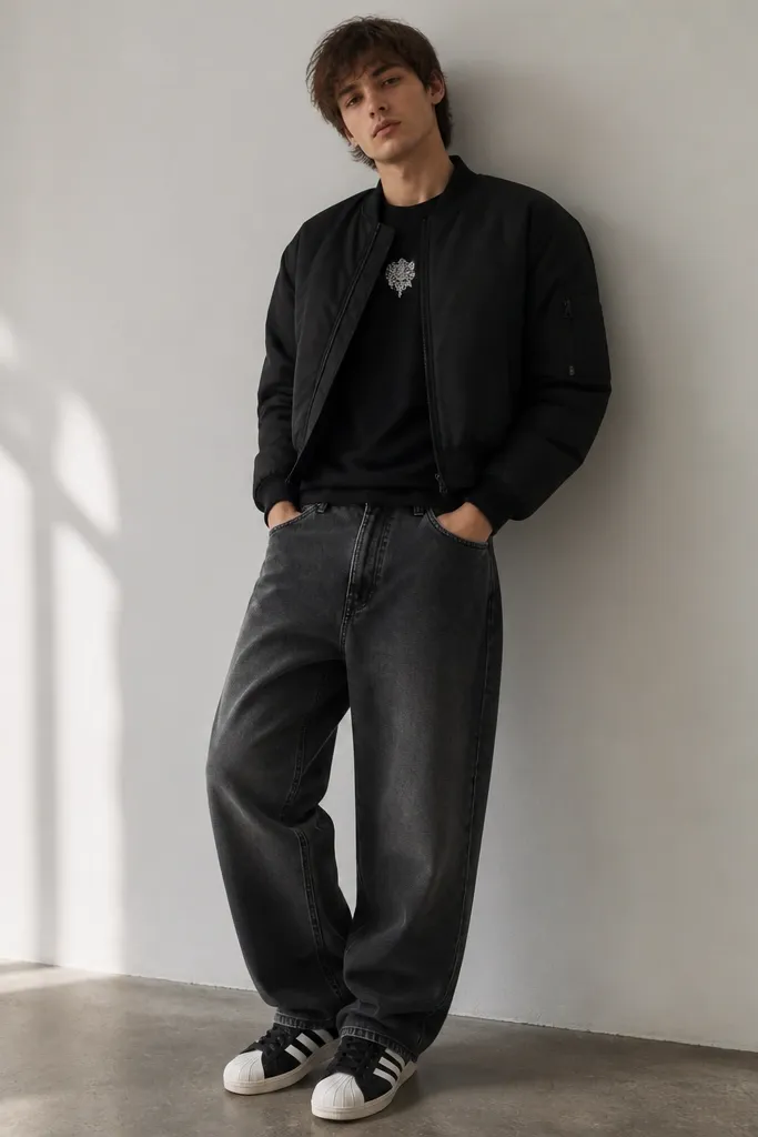 A model wears charcoal grey baggy jeans with a straight leg. The tee is black with a small centered graphic. A cropped black bomber jacket sits above the waistband. The shoes are black adidas Superstars with white shell toe and white stripes.