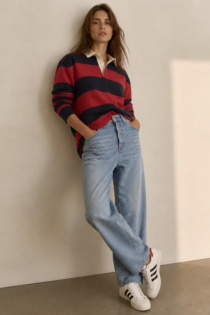 A model wears light blue baggy jeans with a relaxed fit through the thigh. The top is a rugby-style shirt with red and navy stripes and a collar. The shirt is half-tucked at the front. The sneakers are white adidas Superstars with black stripes and a red heel accent.