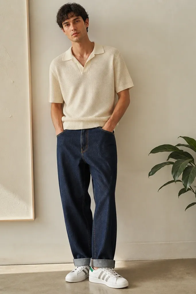 A model wears indigo baggy jeans with a straight leg and cuffed hem. The top is a cream knit polo with a collar and short sleeves. A thin gold chain sits against the knit. The shoes are white adidas Superstars with green heel detail.