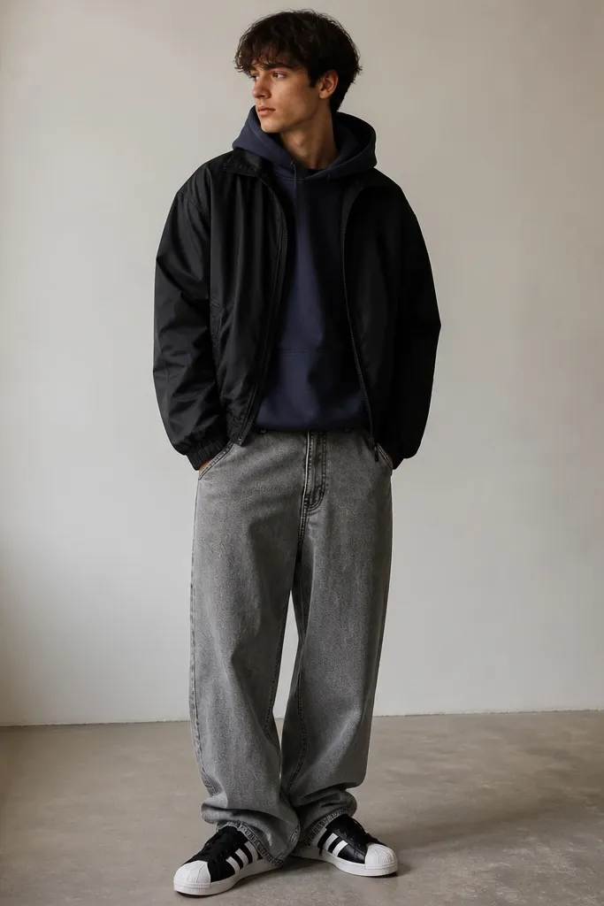 A model wears grey baggy jeans with a relaxed fit. On top is a navy hoodie with the hood down. A black windbreaker jacket is worn over it, sleeves slightly covering the wrists. The sneakers are black adidas Superstars with white shell toe.