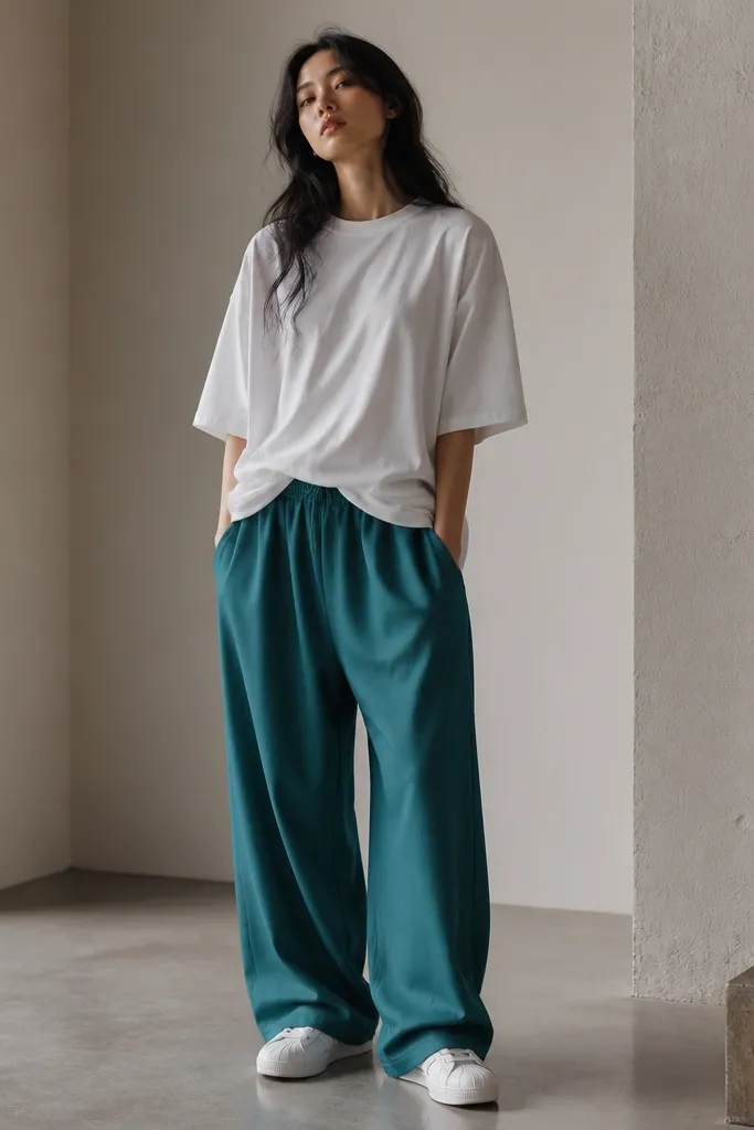 A model wears ocean teal drawstring baggy pants with gathered waistband and relaxed legs. The top is an oversized white tee falling past the waistband. White adidas Superstars are worn with the toe box clearly visible.