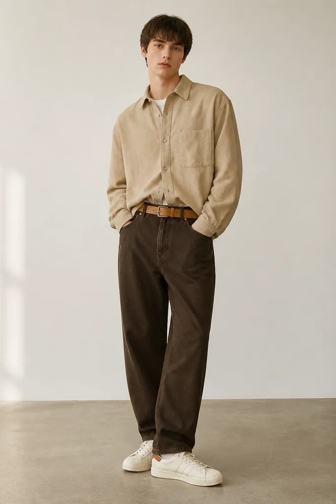 A model wears dark brown baggy jeans with a straight relaxed leg. The top is a sand beige overshirt with buttons and a collar. A tan leather belt is visible at the waist. The shoes are white adidas Superstars with a tan heel tab.