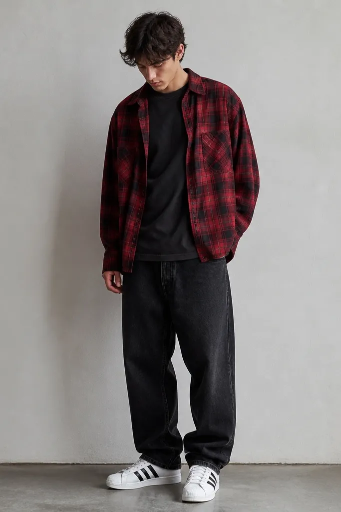 A model wears black baggy jeans with a relaxed thigh. The top is a red-and-black flannel button-up, worn open over a dark tee. The flannel hangs with sleeves down and a relaxed fit. White adidas Superstars sit under the hem.