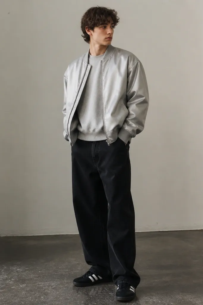 A model wears black baggy jeans with a straight leg. The top is a grey crewneck sweatshirt. Over it is a silver bomber jacket with a smooth finish. The sneakers are black adidas Superstars with white stripes.