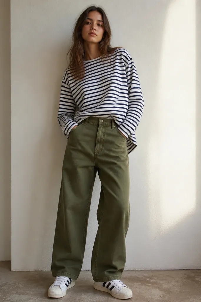 A model wears olive green baggy jeans with a relaxed leg. The top is a long-sleeve striped tee in white and navy. The tee is half-tucked at the front with the back slightly longer. The sneakers are white adidas Superstars.
