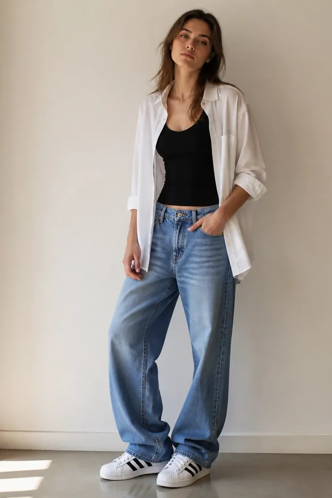 A model wears baggy blue jeans with a relaxed leg. The top is a black tank tucked or lightly tucked. Over it is a loose white overshirt with an open front and rolled sleeves. White adidas Superstars complete the outfit.