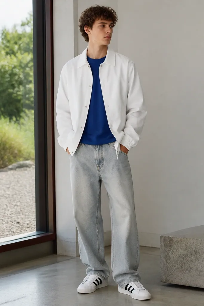 A model wears light grey baggy jeans with a straight leg. The top is a cobalt blue short-sleeve tee. Over it is a white coach jacket with snap buttons. The shoes are white adidas Superstars with black stripes.