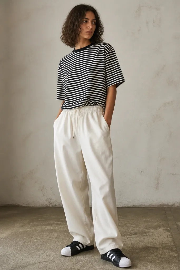 A model wears cream drawstring baggy jeans with a gathered waistband and relaxed legs. The top is a black-and-white striped tee with a relaxed fit. The shoes are black adidas Superstars with white stripes and white shell toe.