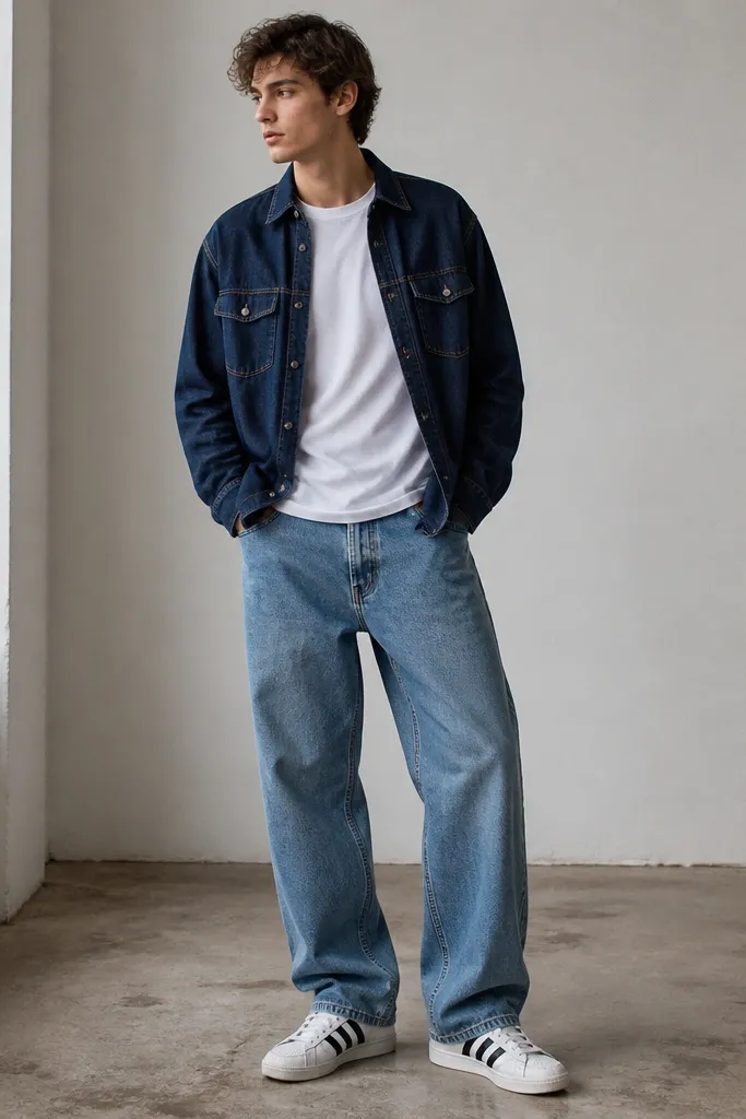 A model wears medium-wash baggy jeans with a relaxed thigh and straight leg. The top is a white tee. Over it is a dark blue denim overshirt with chest pockets. The shoes are white adidas Superstars with black stripes.