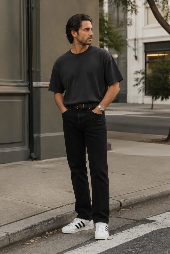 A man wearing white adidas Superstars with black straight-leg jeans. He has a thick charcoal crewneck tee tucked halfway, a black leather belt, and a simple silver watch. Background looks like a street corner in daylight.