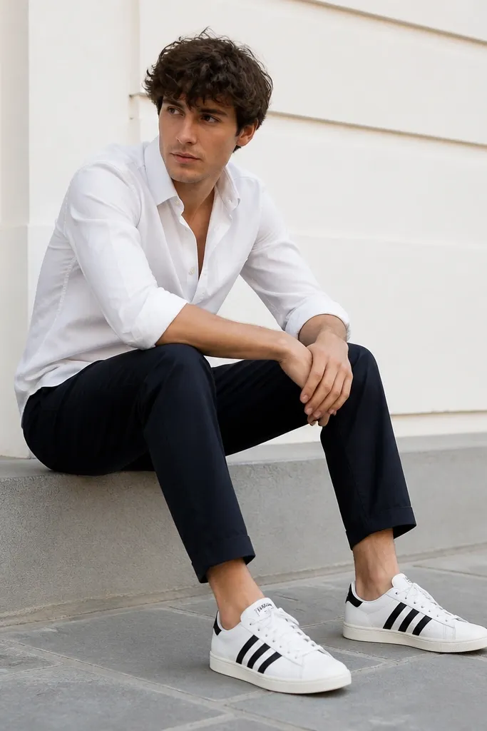 A person in navy chinos with a crisp white button-up shirt worn slightly open at the collar. The sleeves are rolled to mid-forearm. White adidas Superstars sit on a sidewalk with a clean, minimal look.