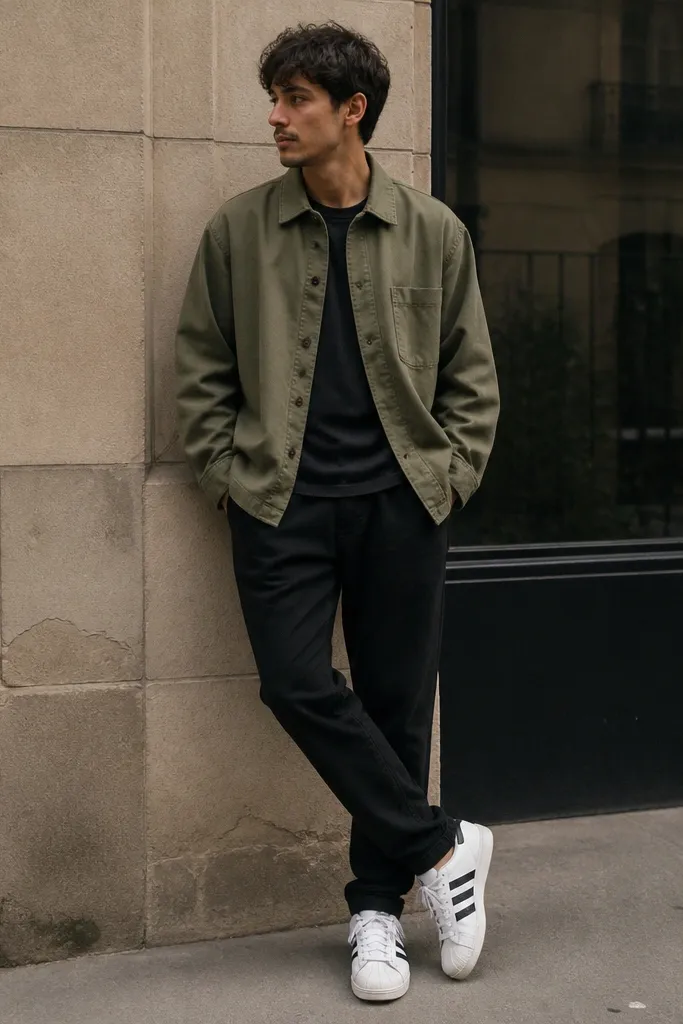 A street-style shot of a person wearing white adidas Superstars with black joggers. An olive overshirt is buttoned and slightly oversized, with a dark tee underneath. The scene is outdoors, casual and relaxed.