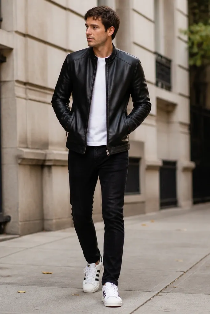 A person in a black leather jacket over a white crew tee, paired with black jeans and white adidas Superstars. The jacket zips partway and the look is photographed on a city sidewalk.