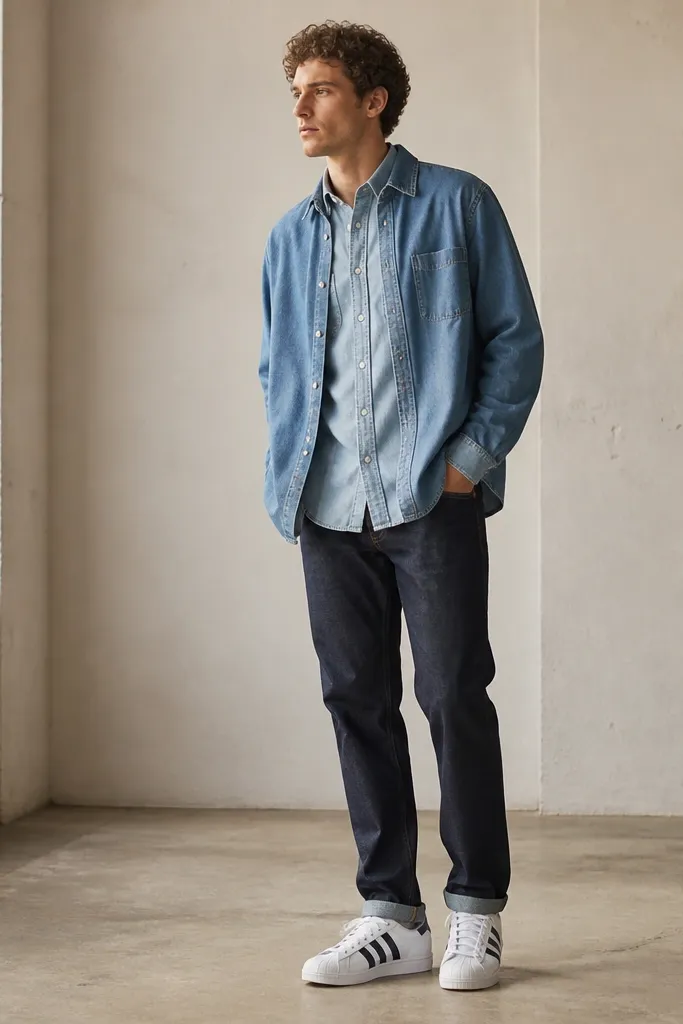 A person wearing medium blue denim overshirt over a lighter chambray button-up, paired with dark jeans and white adidas Superstars. The photo shows a layered texture effect in natural light.