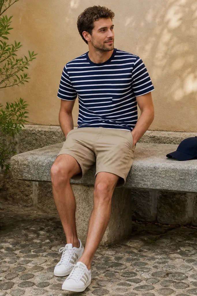 A warm-weather outfit: striped Breton tee in navy and white with beige chino shorts and white adidas Superstars. A casual cap sits on the bench in the background.