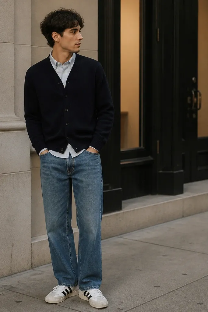A person wearing a dark cardigan over a light button-up, paired with medium wash straight jeans and white adidas Superstars. The cardigan is buttoned and the look is photographed on a sidewalk.
