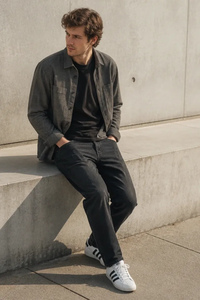 A person wearing a subtle check or small pattern overshirt over a plain black tee. They wear black jeans and white adidas Superstars. The photo shows the pattern clearly in daylight.