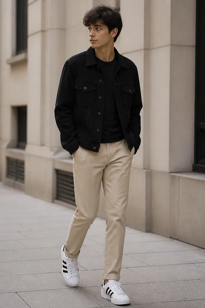 A person wearing a black denim jacket over a dark tee, paired with beige chinos or trousers, and white adidas Superstars. The photo shows the contrast between black and beige clearly.