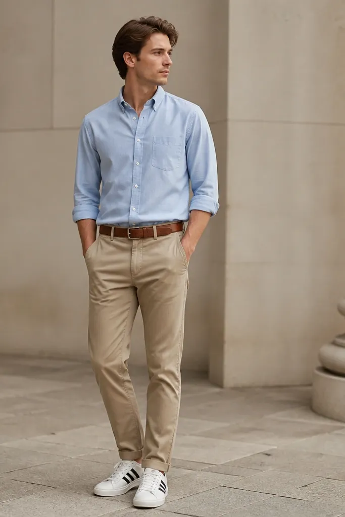 A person wearing a light blue button-down shirt with sleeves rolled, tan chinos, and white adidas Superstars. A brown leather belt is visible and the look is clean and preppy.