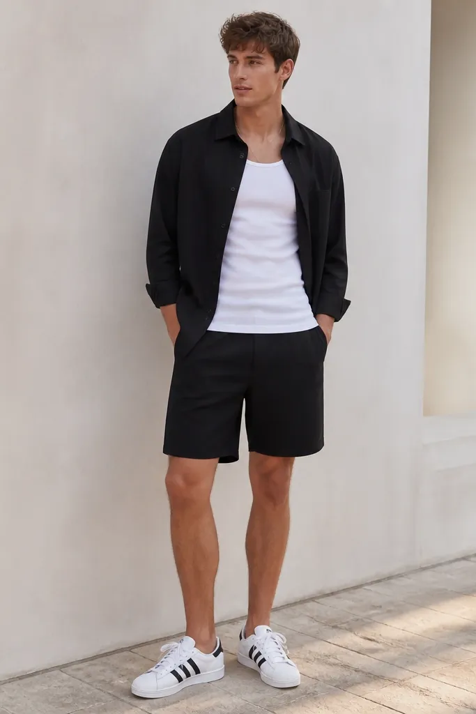 A summer look: white tank top under a black overshirt worn open, with black shorts and white adidas Superstars. The overshirt hem sits around the hips.