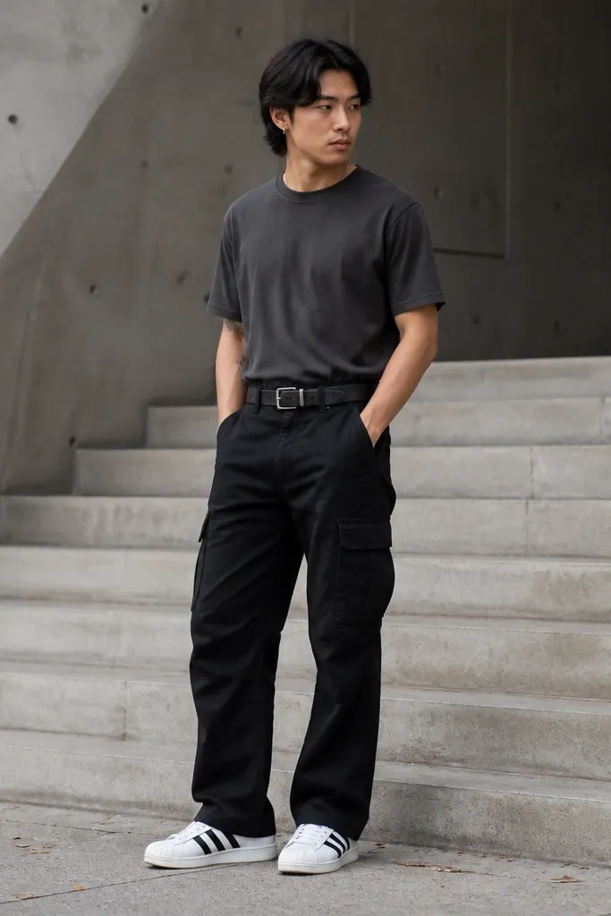 A person wearing a charcoal tee tucked into black cargo pants with visible pockets. White adidas Superstars and a utility-inspired vibe. Outdoor photo with concrete steps.