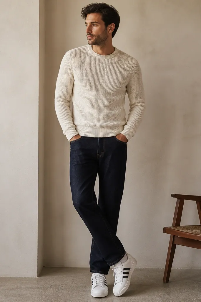 A person in a cream knit sweater with dark indigo jeans and white adidas Superstars. The sweater is slightly fitted and the jeans show a clean straight leg.