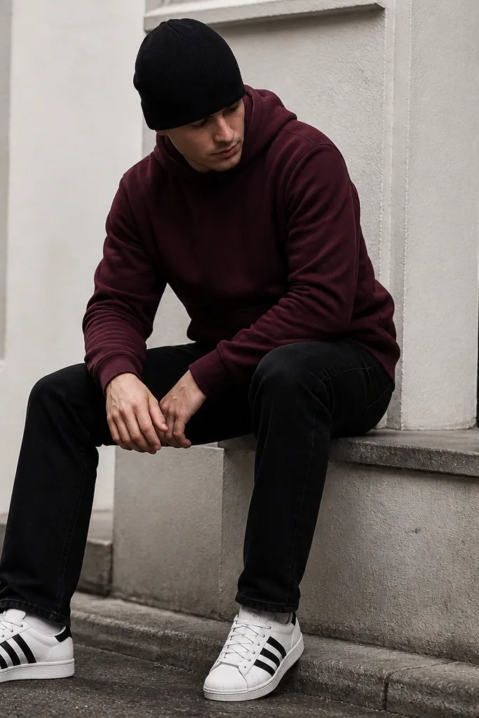A cold-weather outfit: burgundy hoodie with black beanie, black jeans, and white adidas Superstars. The hoodie has a clean front pocket and the beanie sits low.