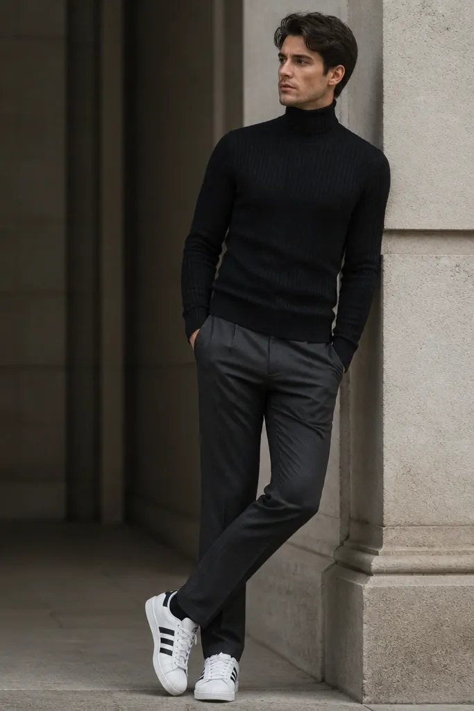 A person wearing a black ribbed turtleneck with straight trousers in dark grey, plus white adidas Superstars. The outfit looks sleek and modern with a long coat off-frame.
